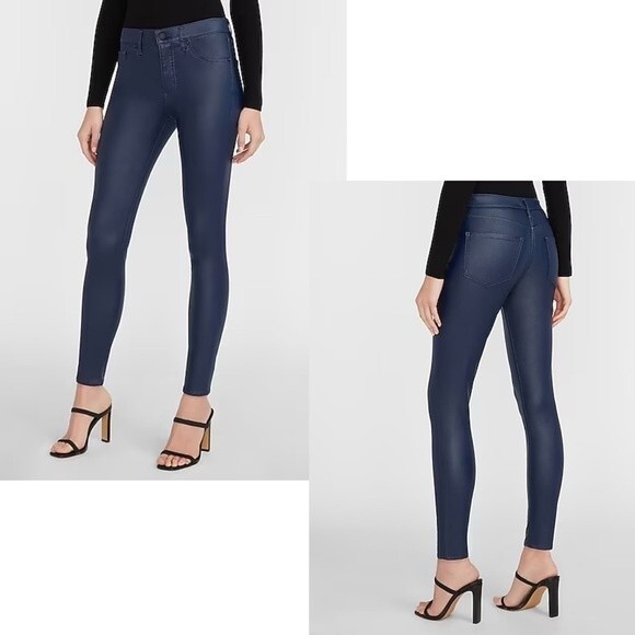 EXPRESS NWT Mid Rise Coated Navy Blue Skinny Jeans 2 - Picture 1 of 10